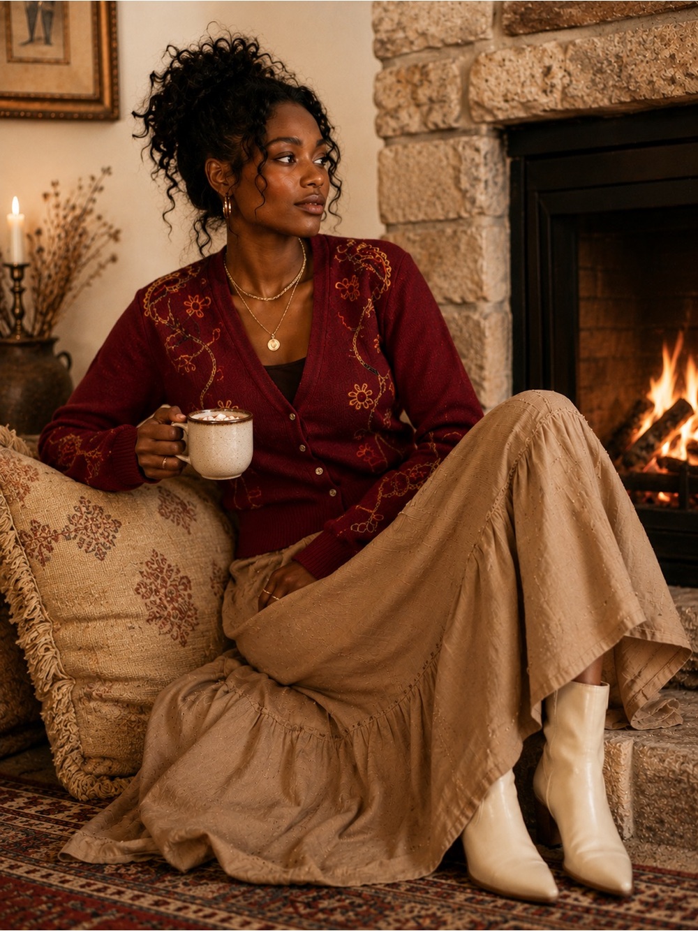 Ivy Cranberry Red Embellished Floral Embroidered Cardigan Sweater Small